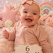 Ellie is registered to the contest to win money with this photo: baby, infant, smiling, portrait, headband, bow, pink, pastel_background, flowers, plush_blanket, star_pillow, rainbow, milestone_sign, wooden_sign, sitting, cozy, cute, blanket, rosy_cheeks, studio_photo