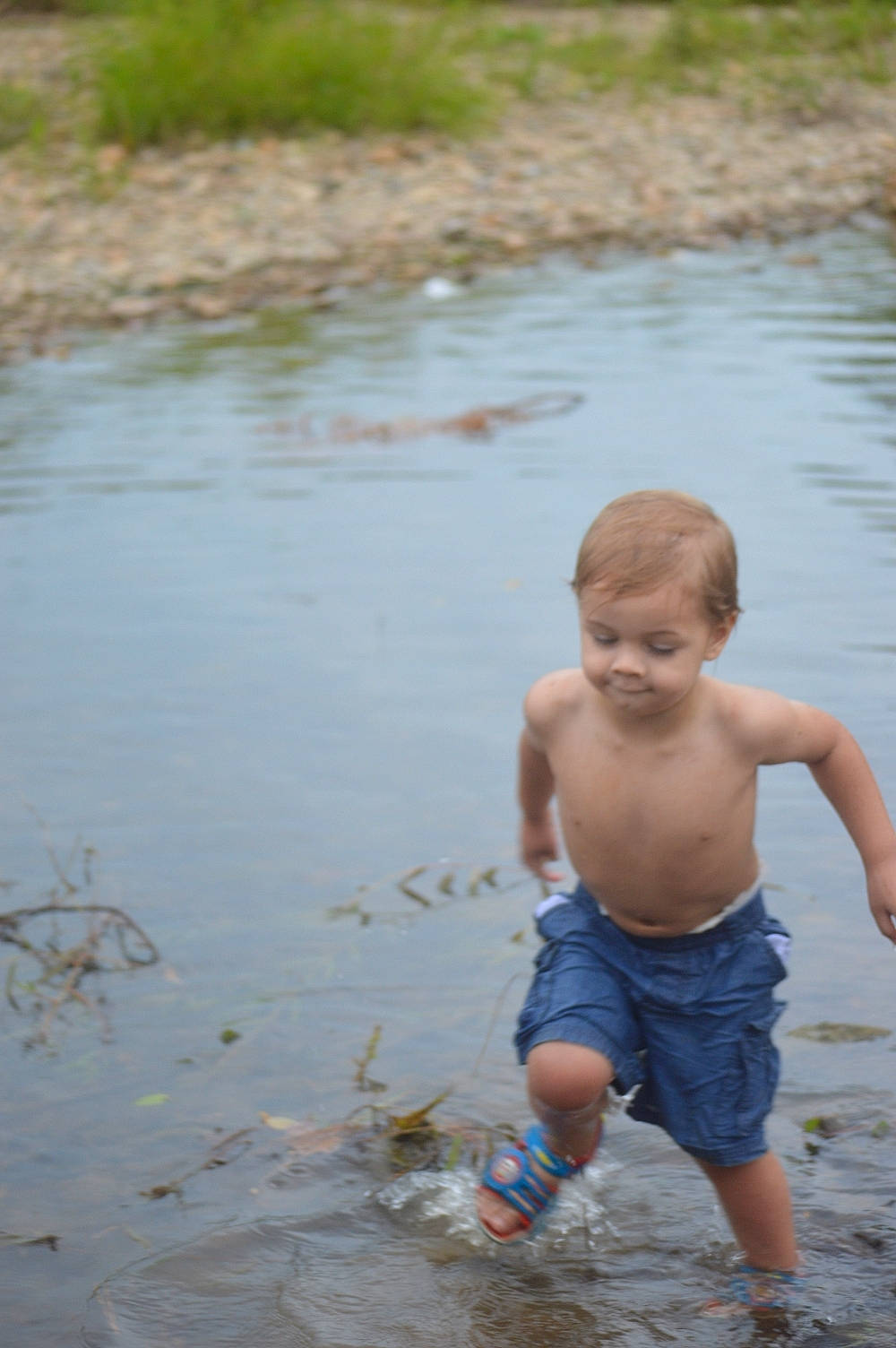 Damian joined the competition — help win amazing prizes! barechested, barefoot, body_of_water, chest, child, foot, fun, grass, happy, human_body, lake, leisure, mammal, people_in_nature, person, plant, play, shorts, toddler, vertebrate