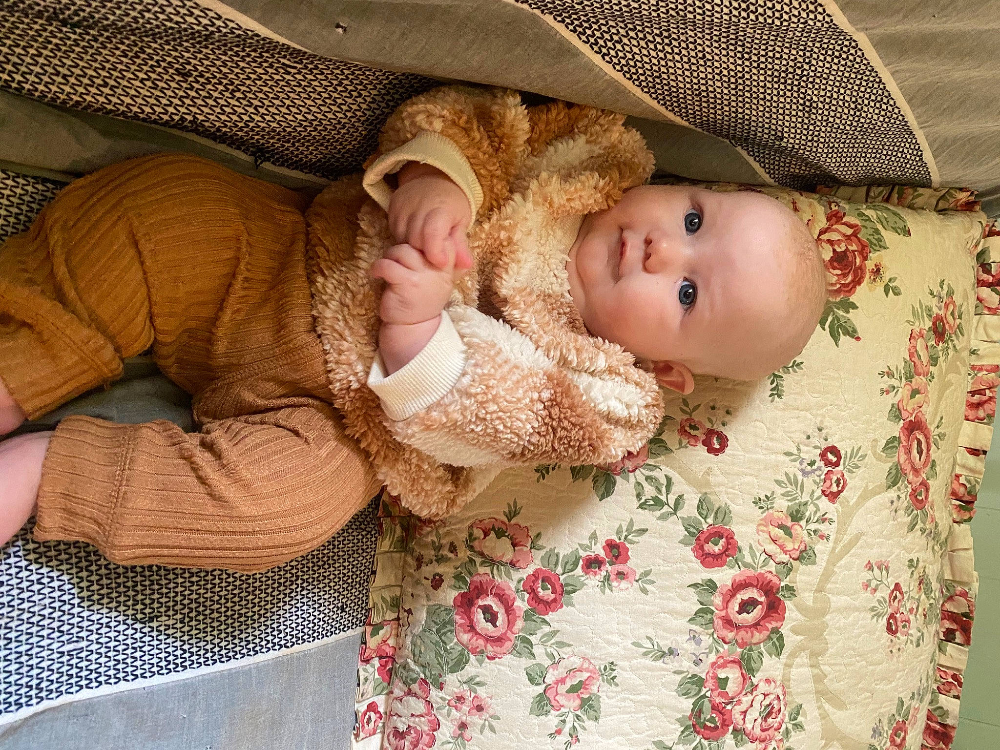Ember is registered to the contest to win money with this photo: baby, baby_products, baby_toddler_clothing, beige, cheek, comfort, doll, eye, face, headgear, iris, linens, pattern, person, skin, sleeve, textile, toddler, toy, wood