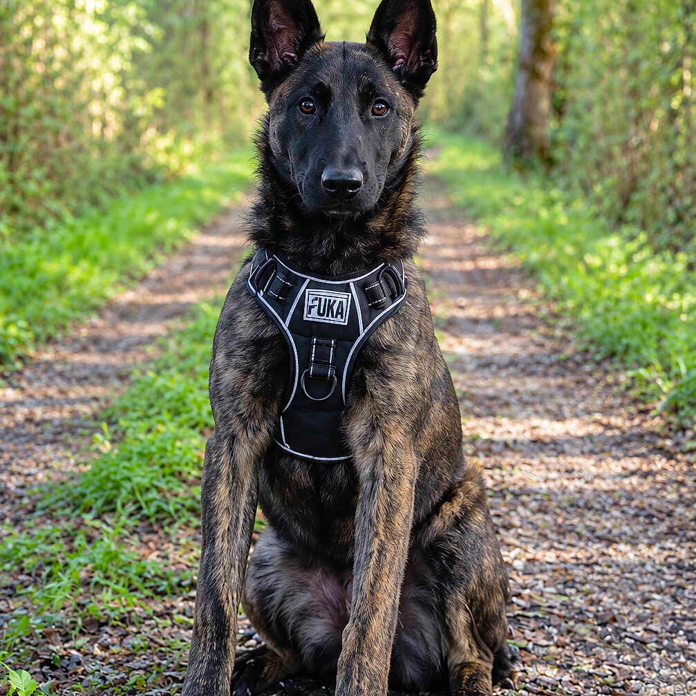 Baya participe au concours pour gagner de l'argent avec cette photo : dog, belgian_malinois, canine, sitting, portrait, outdoor, forest, woodland, trail, nature, harness, black_and_tan, pointed_ears, alert, looking_at_camera, full_body, gravel_path, greenery, sunlight, pet