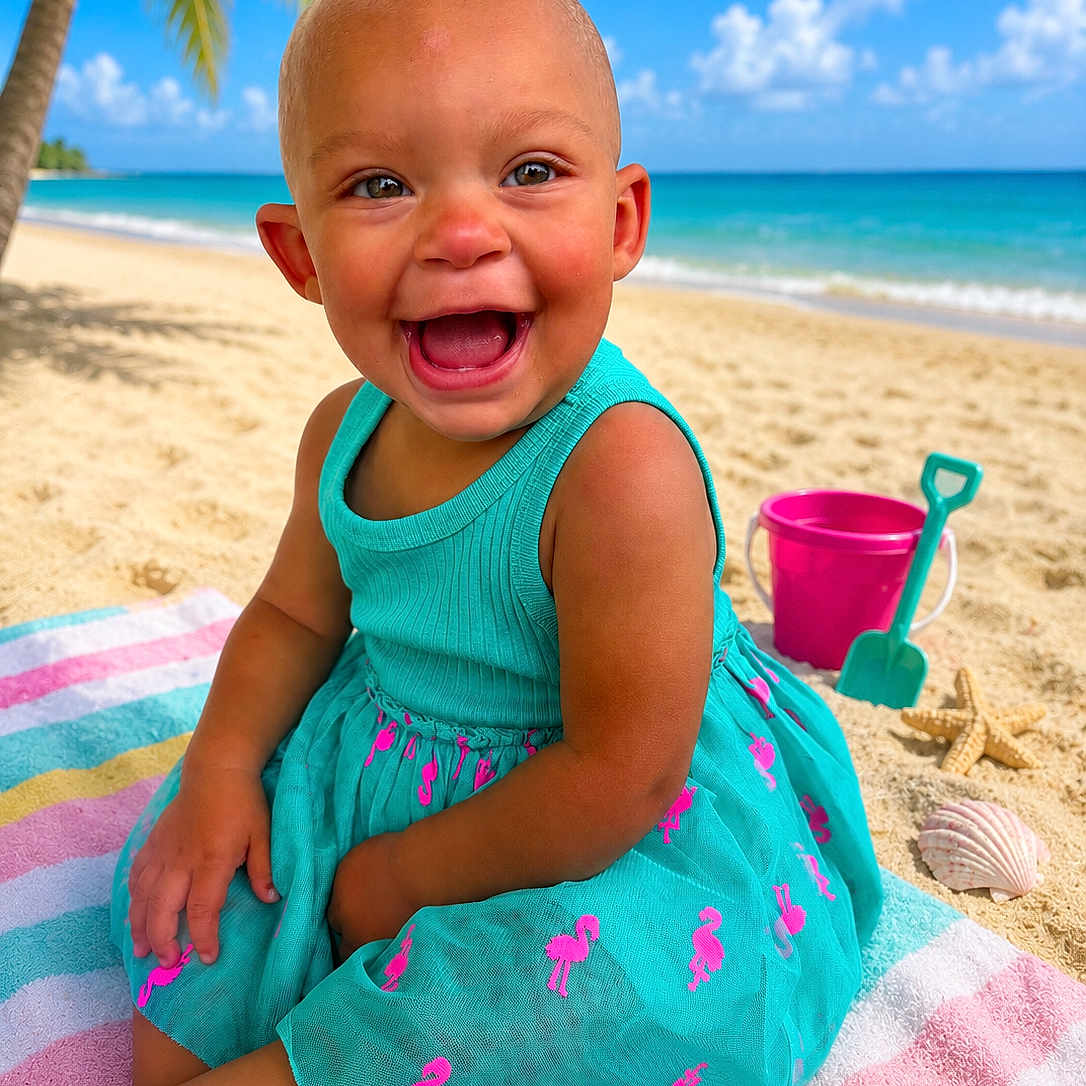 Lexi is registered to the contest to win money with this photo: toddler, beach, ocean, sand, palm_tree, blue_sky, clouds, bucket, shovel, seashell, starfish, towel, dress, child, smiling, happy, sunny, outdoor, play, vacation