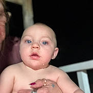 Grayson is registered to the contest to win money with this photo: adult_hand, baby, blue_eyes, candid, child, close_up, dark_background, drool, eyes, face, hand, infant, jewelry, night, porch, portrait, railing, ring, shirtless, skin
