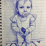 Katana joined the competition — help win amazing prizes! artwork, baby, child, clothing, detailed, face, floor, hand, hand_drawn, illustration, lined_paper, notebook, pacifier, paper_texture, patterned_floor, pen_drawing, portrait, remote_control, shading, sketch