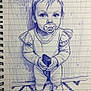 artwork, baby, child, clothing, detailed, face, floor, hand, hand_drawn, illustration, lined_paper, notebook, pacifier, paper_texture, patterned_floor, pen_drawing, portrait, remote_control, shading, sketch