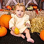 toddler, child, pumpkin, fall, autumn, hay_bale, headband, sweater, orange, decor, background, rustic, curious, sitting, barefoot, face, person, indoor, seasonal, cute