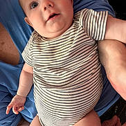 James joined the competition — help win amazing prizes! arm, baby, blue_shirt, candid, child, chubby, closeup, cute, eyes, face, hand, holding, human, indoor, infant, mouth, onesie, person, skin, striped_clothing
