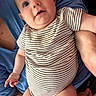 arm, baby, blue_shirt, candid, child, chubby, closeup, cute, eyes, face, hand, holding, human, indoor, infant, mouth, onesie, person, skin, striped_clothing