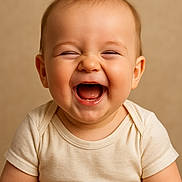 Gabriel participe au concours pour gagner de l'argent avec cette photo : baby, infant, laughing, joy, smile, happy, child, onesie, cute, portrait, closeup, skin, face, expression, chubby, sitting, light, indoor, background, head