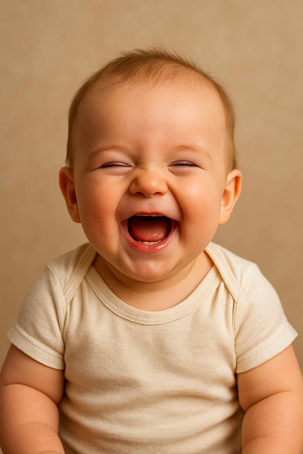 Gabriel participe au concours pour gagner de l'argent avec cette photo : baby, infant, laughing, joy, smile, happy, child, onesie, cute, portrait, closeup, skin, face, expression, chubby, sitting, light, indoor, background, head