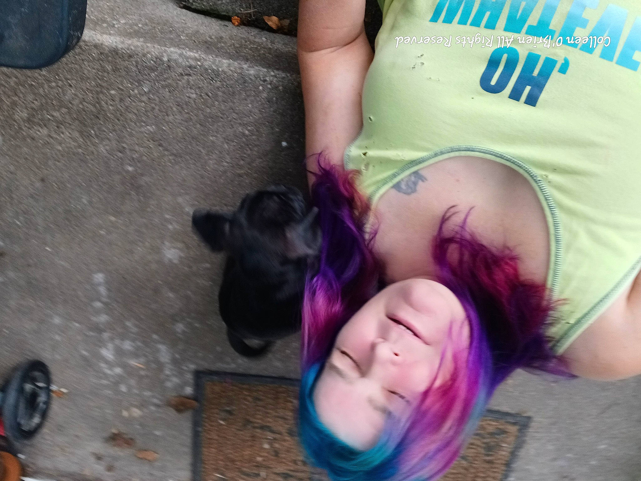 Bennie joined the competition — help win amazing prizes! abdomen, chest, child, eyewear, flooring, fun, fur, grass, human_leg, leisure, magenta, mouth, pink, purple, sidewalk, sitting, thigh, tree