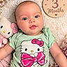 baby, infant, three_months, portrait, lying_down, hello_kitty, green_outfit, pink_bow, plush_toy, flowers, floral_background, milestone_photo, wooden_sign, smiling, wide_eyes, indoor, blanket, pastel_colors, close_up, child
