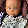 baby, blanket, blue_eyes, calm, car_seat, child, close_up, curious, cute, face, head, indoor, infant, person, portrait, seatbelt, skin, soft_toy, striped_shirt, young