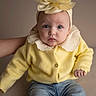 Fidjy participe au concours pour gagner de l'argent avec cette photo : baby, headband, flower, yellow_sweater, jeans, infant, portrait, sitting, curious_expression, hand, neutral_background, clothing, cute, child, face, blue_eyes, soft_lighting, indoor, casual, closeup