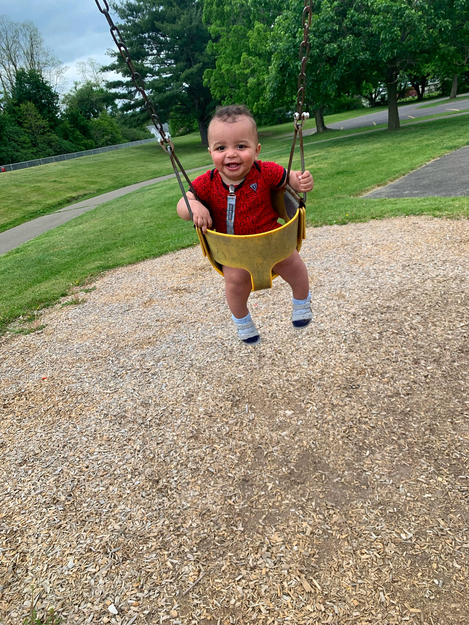 Kamdyn joined the competition — help win amazing prizes! asphalt, baby, cloud, fun, grass, happy, joy, leisure, outdoor_play_equipment, people_in_nature, person, plant, playground, playing_sports, recreation, road_surface, sky, smile, soil, swing