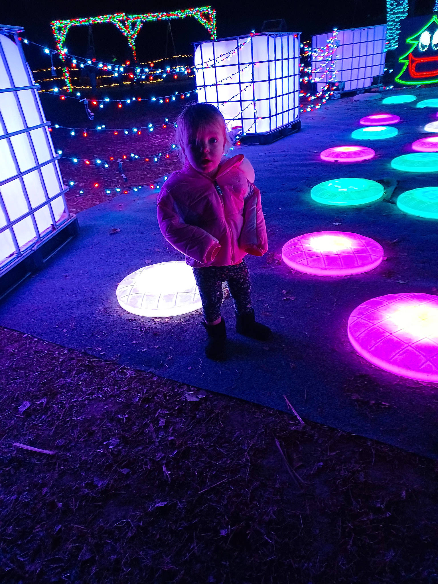 Londyn joined the competition — help win amazing prizes! darkness, electric_blue, entertainment, event, fun, light, lighting, magenta, neon, night, pattern, performing_arts, person, plant, purple, shadow, space, symmetry, toddler, tree