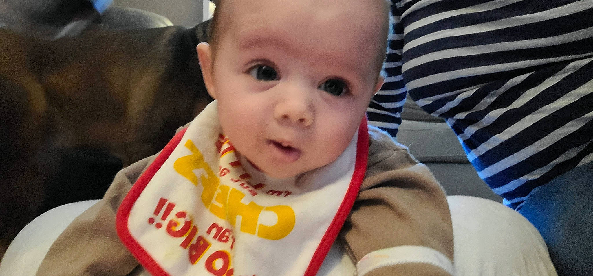 Elsie is registered to the contest to win money with this photo: baby, baby_toddler_clothing, bib, cheek, child, ear, eye, eyebrow, eyelash, fun, happy, iris, lip, nose, person, product, skin, sleeve, snapshot, toddler