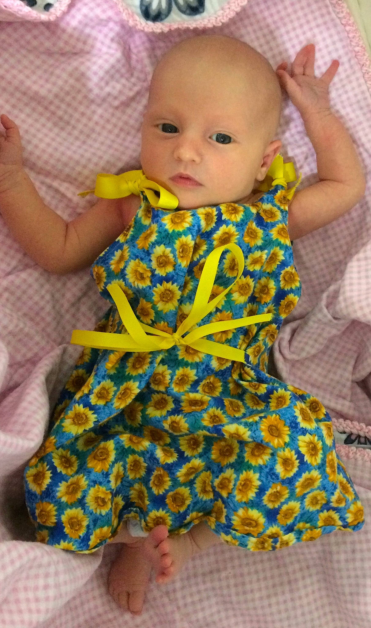 Arlee joined the competition — help win amazing prizes! baby, baby_products, baby_toddler_clothing, child, design, dress, pattern, person, product, textile, toddler, yellow