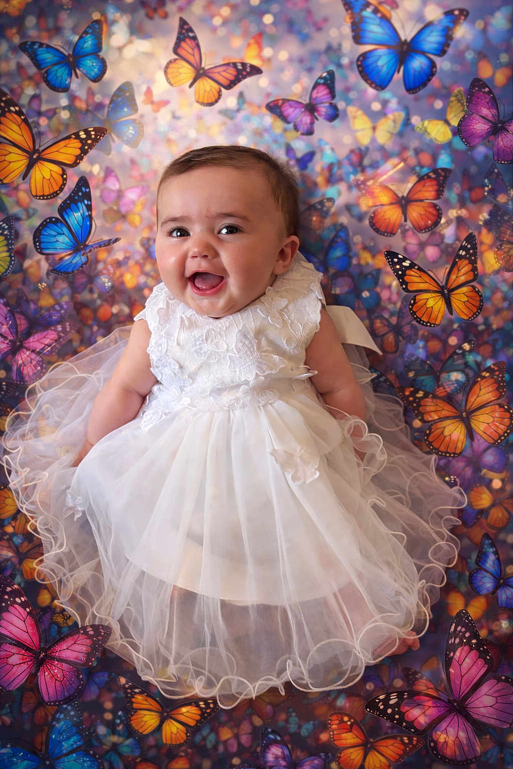 Nyna participe au concours pour gagner de l'argent avec cette photo : baby, background, butterflies, child, colorful, cute, dress, face, frilly, happy, infant, joyful, patterned_background, playful, portrait, sitting, smile, tulle, white_dress, young_child