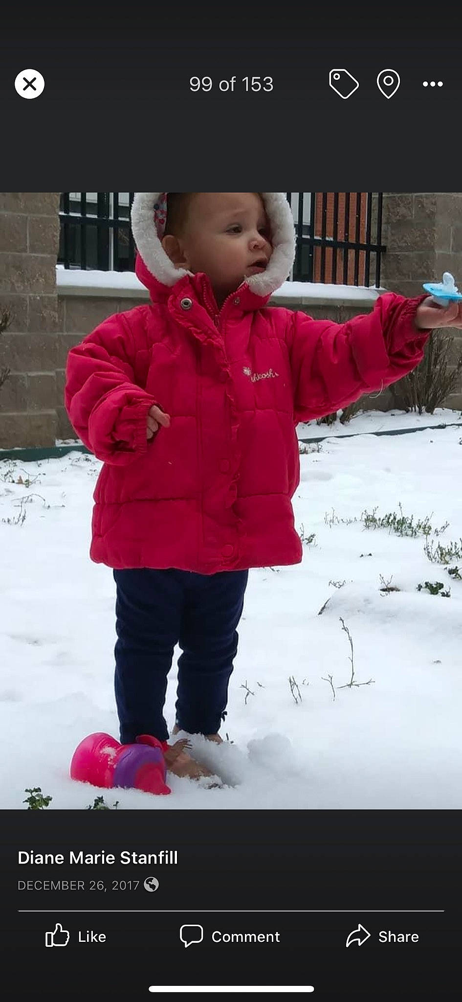 Amberlynn Nichole Stanfill is registered to the contest to win money with this photo: child, freezing, fun, headwear, jacket, outerwear, person, play, playing_in_the_snow, red, snow, standing, toddler, trousers, winter