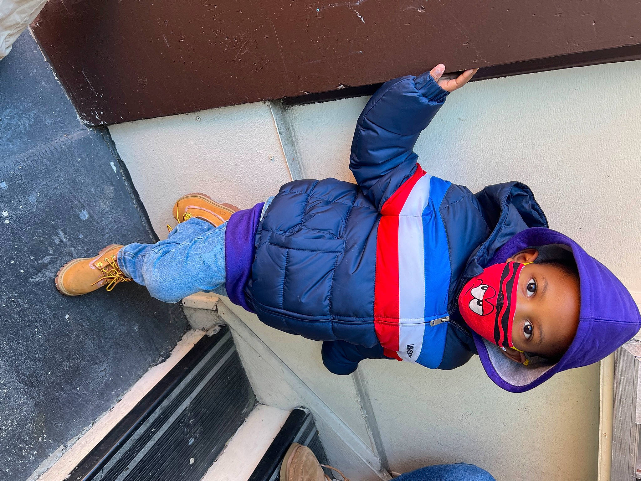 Kaeden is registered to the contest to win money with this photo: baseball_cap, carmine, child, comfort, costume, electric_blue, eyewear, fictional_character, fun, hat, headwear, leisure, orange, person, personal_protective_equipment, toddler, travel, white