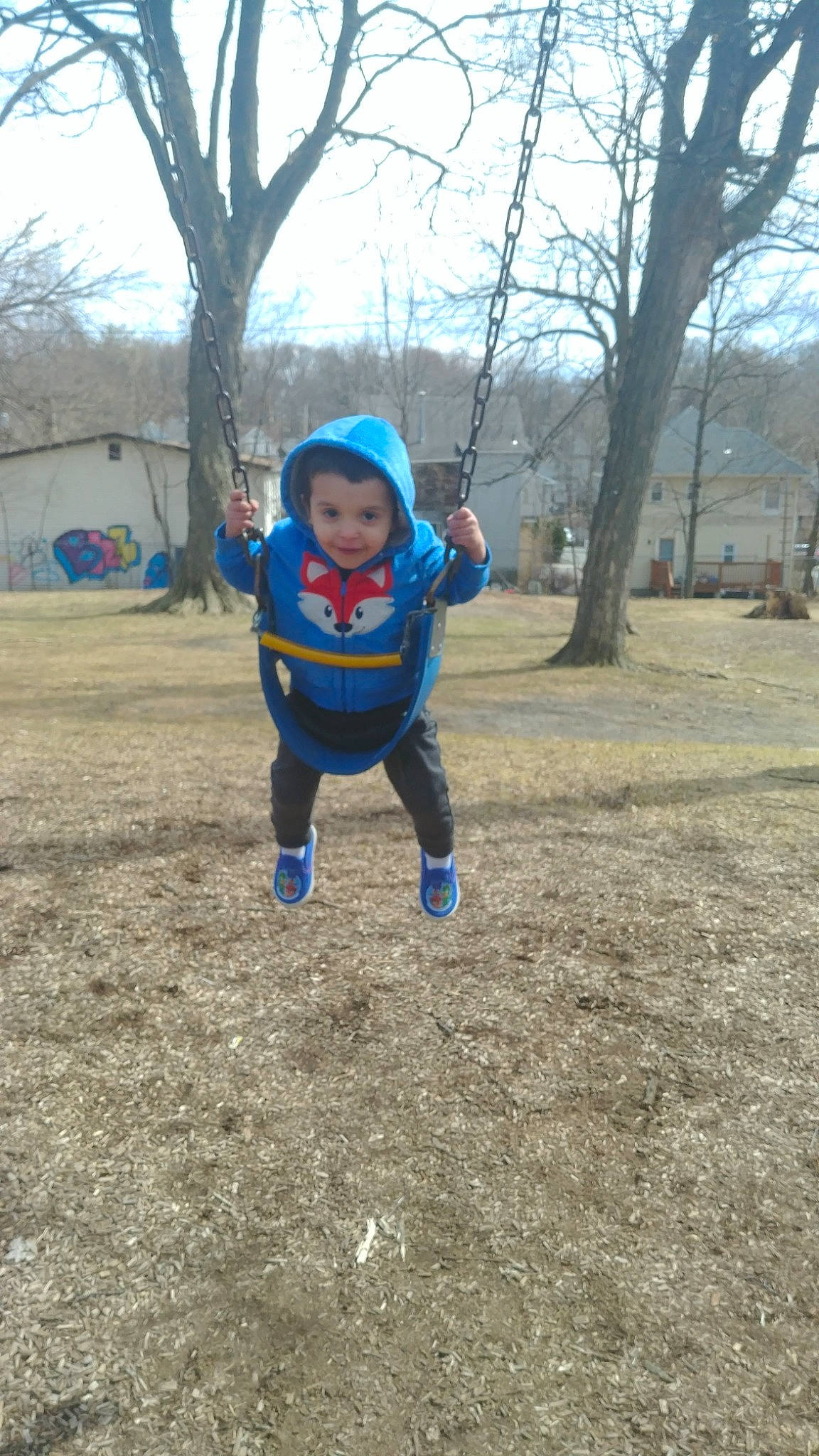 Alexander joined the competition — help win amazing prizes! child, electric_blue, fun, outdoor_play_equipment, person, play, playground, recreation, smile, swing, toddler, tree