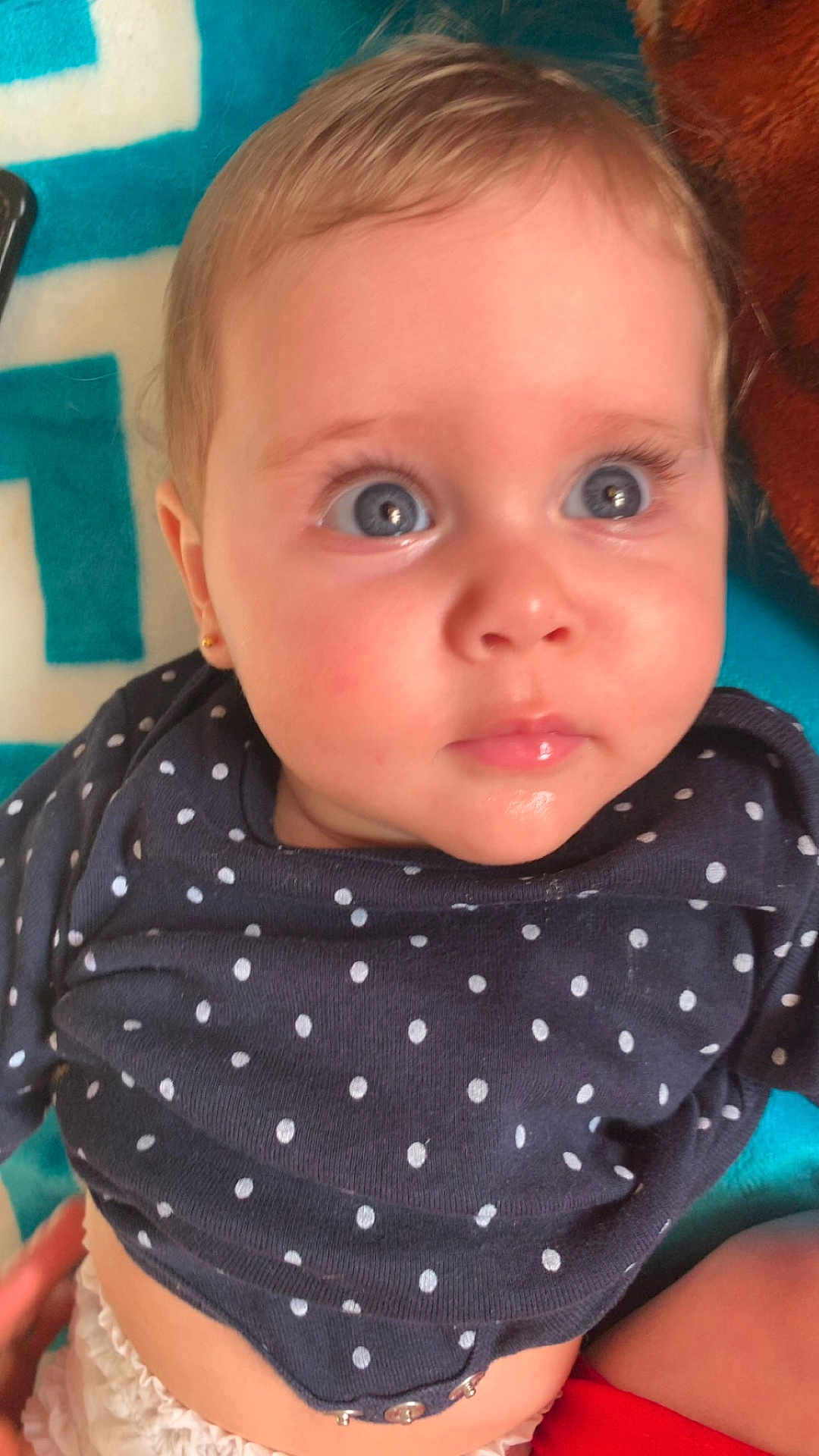 Anaïs participe au concours pour gagner de l'argent avec cette photo : baby, child, face, blue_eyes, polka_dot, shirt, infant, cute, close_up, portrait, clothing, human, skin, eyelashes, expression, looking, lying_down, blanket, soft_toys, indoor