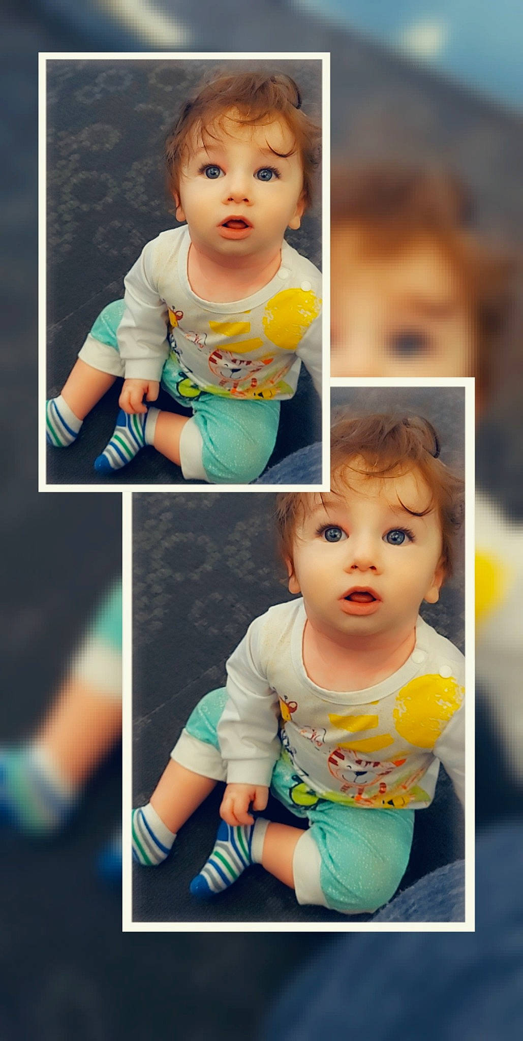 Gabriel is registered to the contest to win money with this photo: arm, baby, baby_toddler_clothing, black, blue, cheek, chin, eyebrow, facial_expression, hairstyle, head, human, nose, organ, outerwear, person, photograph, product, skin, sleeve