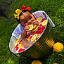 baby, bow, child, cute, fruit, grass, lemon_slices, metal_tub, milk_bath, nature, outdoor, playful, portrait, red_bow, relaxing, strawberries, summer, toddler, water, yellow_bow