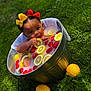 Royalty is registered to the contest to win money with this photo: baby, bows, bucket, child, colorful, cute, fruit_slices, grass, happy, lemons, milk_bath, nature, outdoor, playful, refreshing, strawberries, summer, toddler, water, young_child