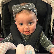Vianna joined the competition — help win amazing prizes! baby, child, polka_dot, headband, stroller, soft_toy, checkered, clothing, cute, face, infant, person, seatbelt, happy, portrait, indoor, pink, gray, pattern, smile