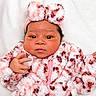 baby, newborn, infant, child, portrait, face, eyes, fluffy_outfit, pink_clothing, white_clothing, hat, pom_pom, blanket, cozy, lying_down, indoors, soft_background, close_up, hands, photography