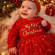 Willow joined the competition — help win amazing prizes! baby, infant, child, smiling, red_outfit, holiday, christmas, christmas_tree, headband, bow, gift, candy_canes, fairy_lights, ornaments, festive, blanket, portrait, happy, sparkle, closeup