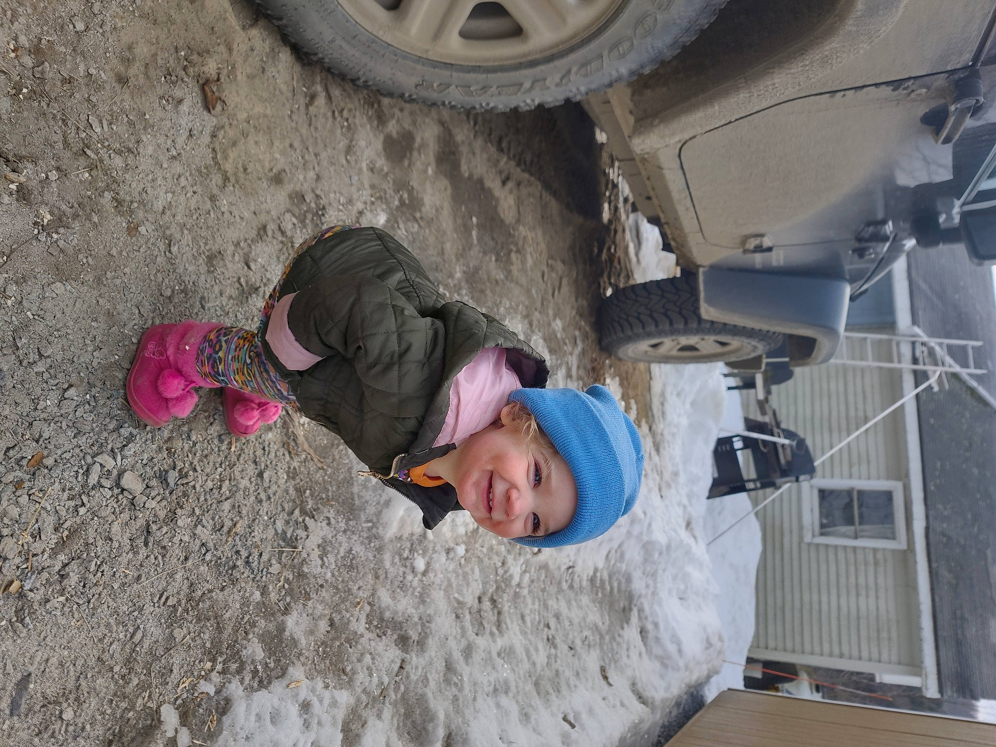 Karlie joined the competition — help win amazing prizes! asphalt, auto_part, automotive_exterior, automotive_tire, automotive_wheel_system, car, concrete, fender, freezing, headwear, jacket, joy, motor_vehicle, person, road_surface, synthetic_rubber, tire, tire_care, toddler, tread