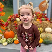 Faith is registered to the contest to win money with this photo: child, toddler, portrait, smile, pumpkins, autumn, fall_decor, hay_bale, gourds, outdoor, shallow_depth_of_field, bokeh, casual_clothing, ponytail, bench, seasonal, harvest, pink_leggings, brown_shirt, happy