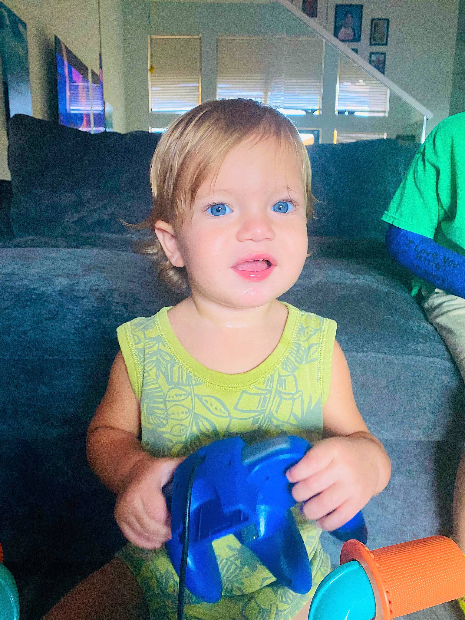 Colton joined the competition — help win amazing prizes! azure, baby_toddler_clothing, blue, child, couch, electric_blue, finger, fun, hairstyle, happy, iris, leisure, mammal, person, play, sitting, skin, smile, standing, t_shirt