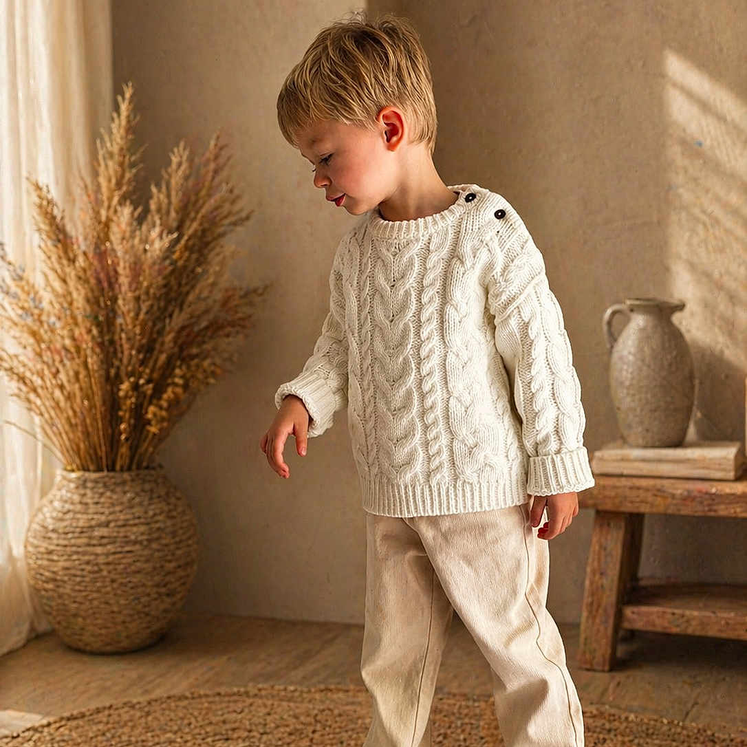 Manoé participe au concours pour gagner de l'argent avec cette photo : child, boy, sweater, white_sweater, beige_pants, sneakers, indoor, woven_rug, woven_vase, dried_plants, wooden_bench, ceramic_jug, natural_light, curly_hair, floor, wall, cozy, casual_clothing, standing, thoughtful