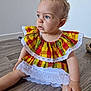 blue_eyes, child, curly_hair, cute, floor, foot, green, hand, indoor, lace, person, plaid_dress, portrait, red, sitting, skin, toddler, wooden_floor, yellow, young_child