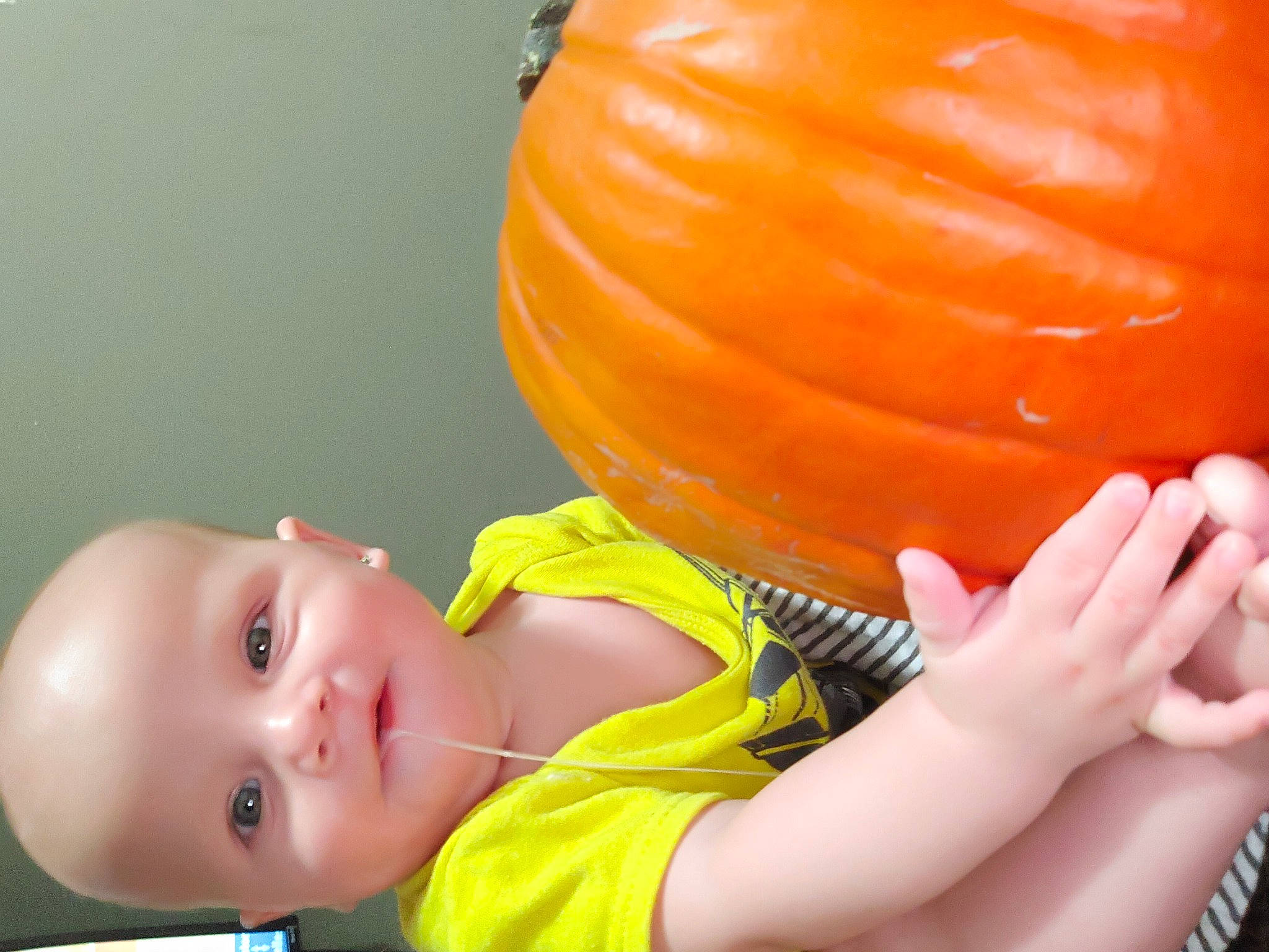 Zayden is registered to the contest to win money with this photo: baby_toddler_clothing, balloon, calabaza, cucurbita, facial_expression, finger, gesture, gourd, hand, happy, human_body, mouth, muscle, orange, person, plant, pumpkin, skin, smile, thigh