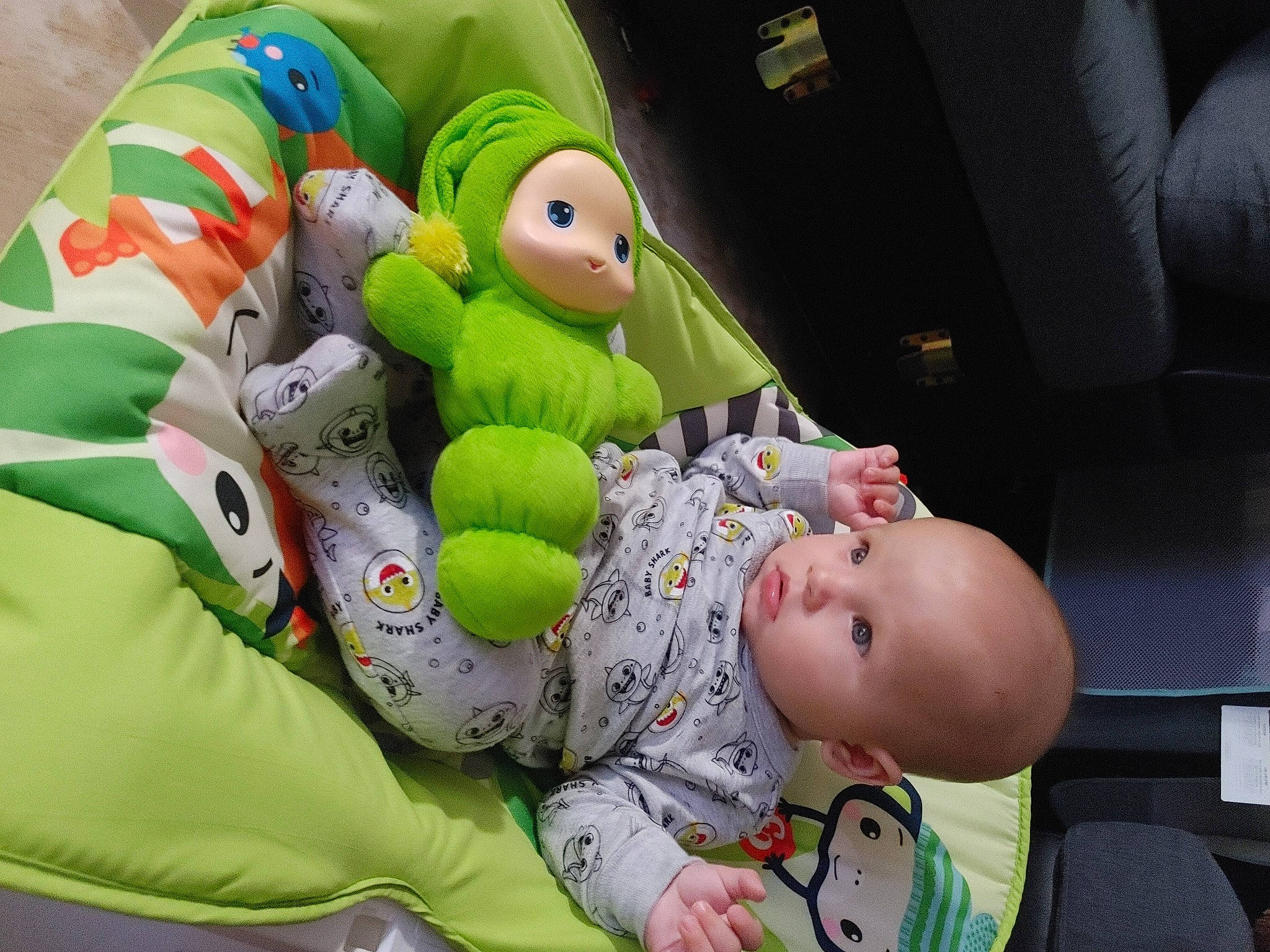 Zayden joined the competition — help win amazing prizes! baby, baby_products, baby_safety, baby_sleeping, baby_toddler_clothing, baby_toys, child, comfort, gesture, green, happy, head, linens, person, plush, product, room, stuffed_toy, textile, toddler