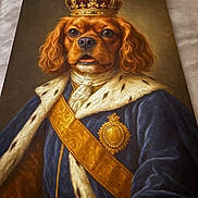 Leo joined the competition — help win amazing prizes! dog, painting, portrait, crown, royalty, costume, fur, brown_dog, blue_robe, gold_sash, medallion, historical_style, animal_portrait, artwork, king, royal_clothing, luxury, decorative, indoor, canvas