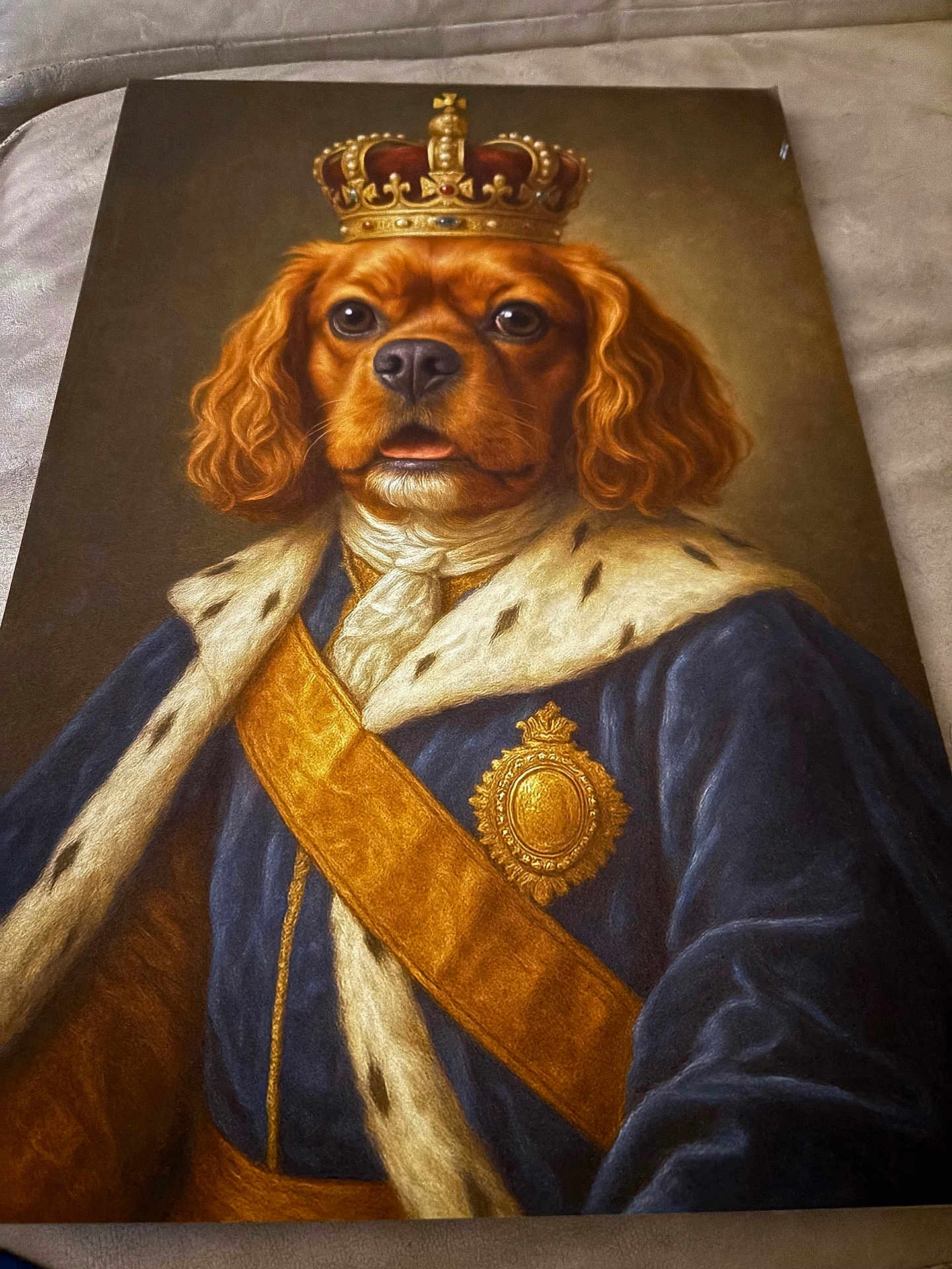 Leo joined the competition — help win amazing prizes! dog, painting, portrait, crown, royalty, costume, fur, brown_dog, blue_robe, gold_sash, medallion, historical_style, animal_portrait, artwork, king, royal_clothing, luxury, decorative, indoor, canvas