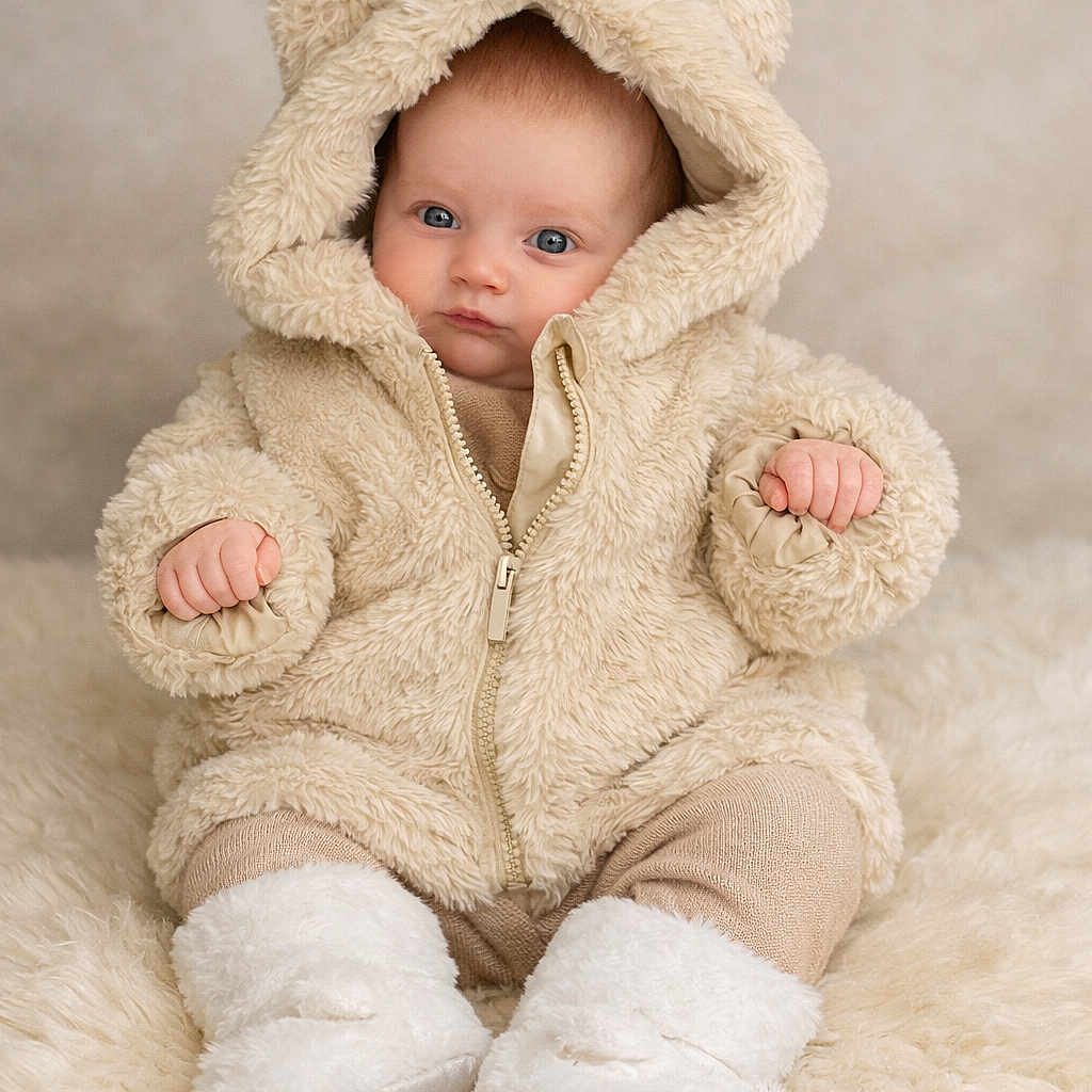 Mavis is registered to the contest to win money with this photo: baby, bear_ears, blue_eyes, boots, child, cozy, cute, expression, fluffy_jacket, fuzzy_texture, hood, indoor, infant, neutral_face, portrait, sitting, small_hands, soft_rug, warm_clothing, young