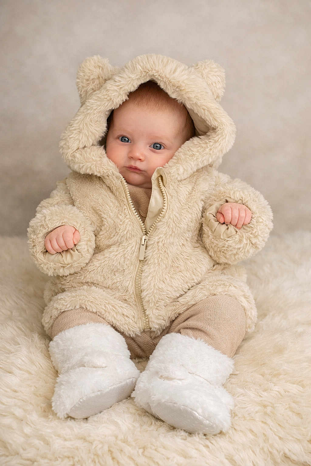 Mavis is registered to the contest to win money with this photo: baby, infant, child, fluffy_jacket, bear_ears, hood, boots, soft_rug, blue_eyes, cute, warm_clothing, sitting, portrait, indoor, cozy, fuzzy_texture, small_hands, expression, neutral_face, young