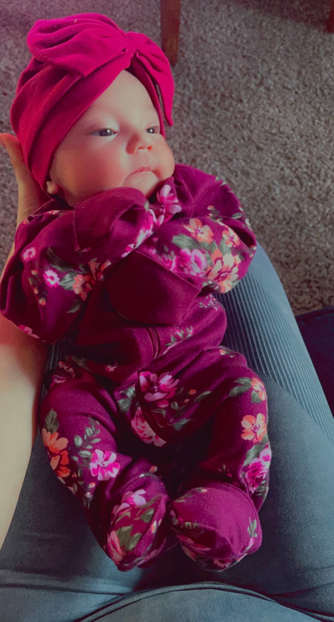 Caroline is registered to the contest to win money with this photo: baby, baby_toddler_clothing, cap, cheek, child, comfort, eye, face, head, headwear, lip, magenta, mouth, nose, person, pink, purple, skin, sleeve, textile