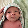 newborn, baby, infant, face, skin, towel, hooded_towel, hand, expression, portrait, closeup, child, person, soft, blanket, comfort, bed, resting, cute, curious