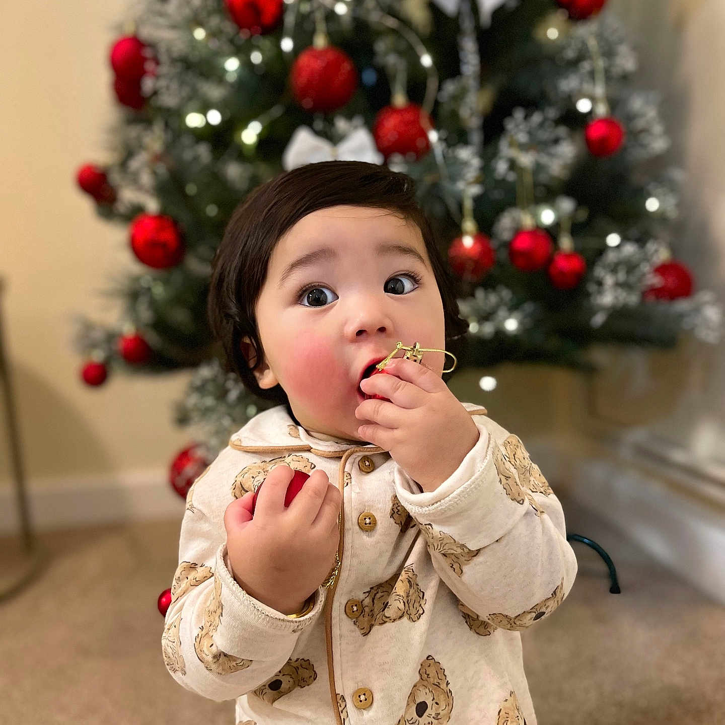 Kesang joined the competition — help win amazing prizes! blurry_background, carpet, child, christmas_tree, cozy, cute, decorations, expression, face, festive, green, holiday, holiday_season, indoor, ornament, pajamas, playful, red, toddler, winter