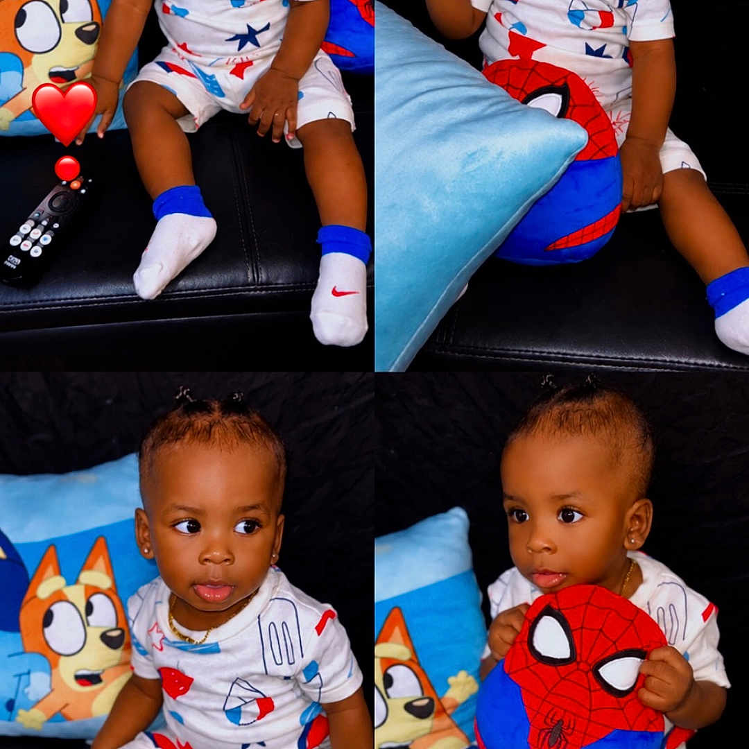 Dejour joined the competition — help win amazing prizes! baby, bluey, braids, child, close_up, collage, couch, earrings, indoors, onesie, pillow, portrait, remote_control, sitting, smiling, socks, spiderman, toddler, toy, twins