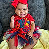 baby, child, clothing, colorful, couch, cute, face, fashion, happy, indoor, person, playful, portrait, red_bow, red_shirt, seated, smiling, toddler, tutu_skirt, yellow_blanket