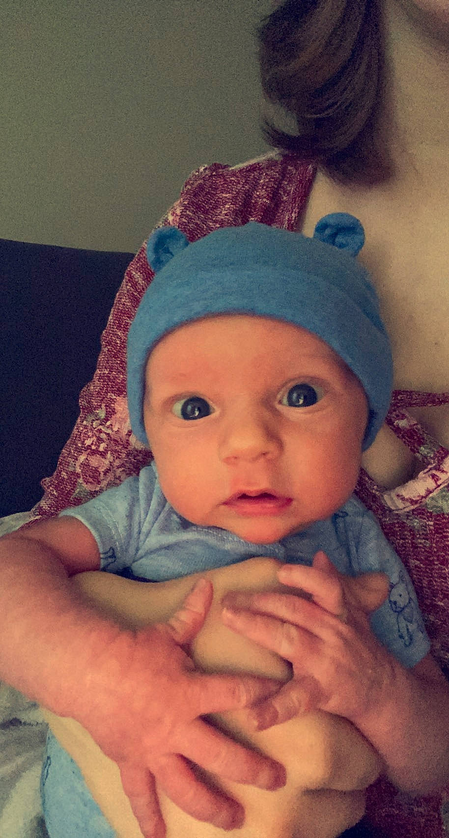 Brendon joined the competition — help win amazing prizes! azure, baby, baby_toddler_clothing, cap, cheek, chin, eye, eyebrow, gesture, hand, headwear, iris, lip, mouth, nose, organ, person, pink, purple, skin