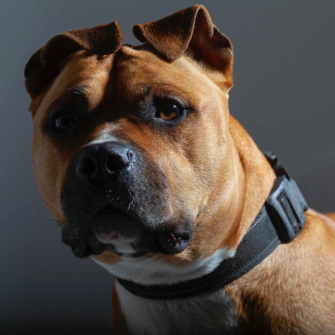Scumper a rejoint le concours — aidez-le/la à gagner de superbes lots ! alert, animal, background, brown, canine, close_up, collar, dog, domestic_animal, ears, expression, fur, indoor, looking_away, muzzle, pet, portrait, shadow, side_view, whiskers
